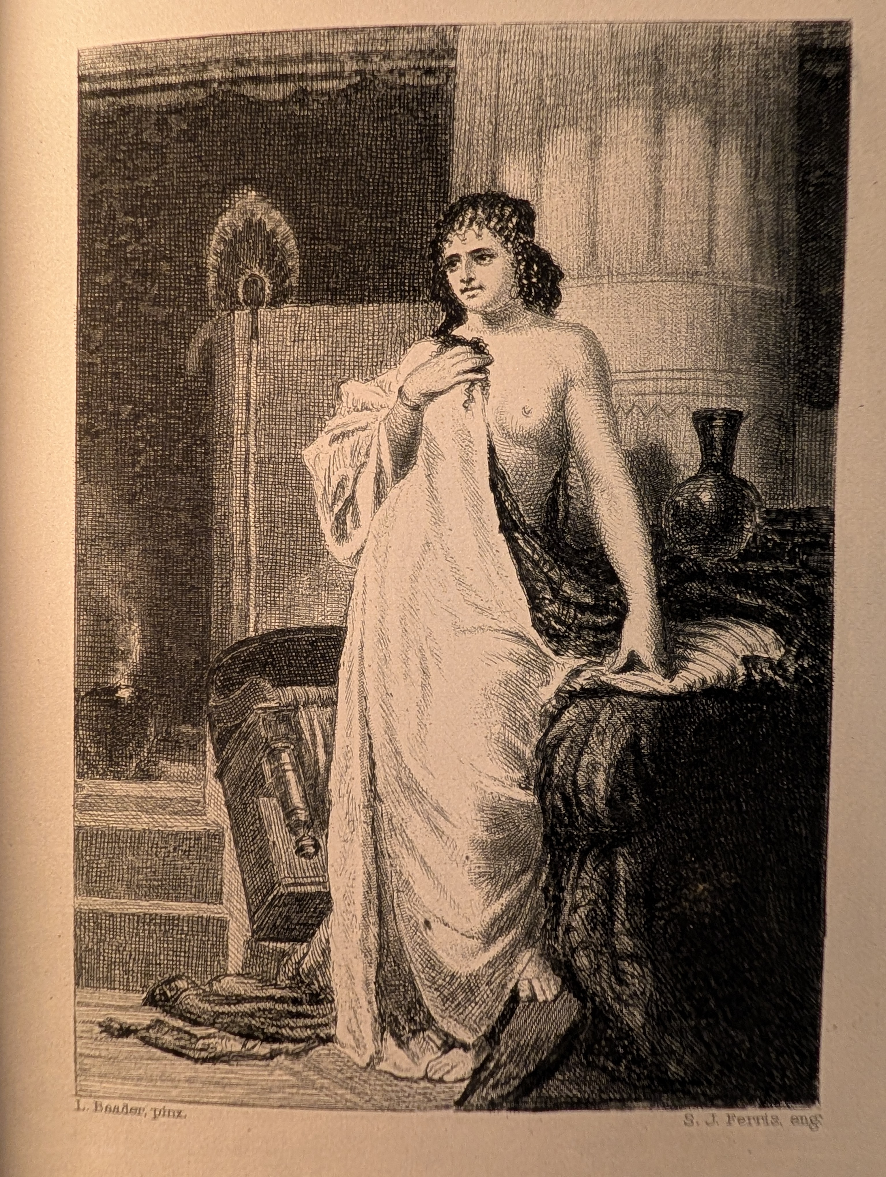 Engraving of a semi-draped woman in classical interior setting