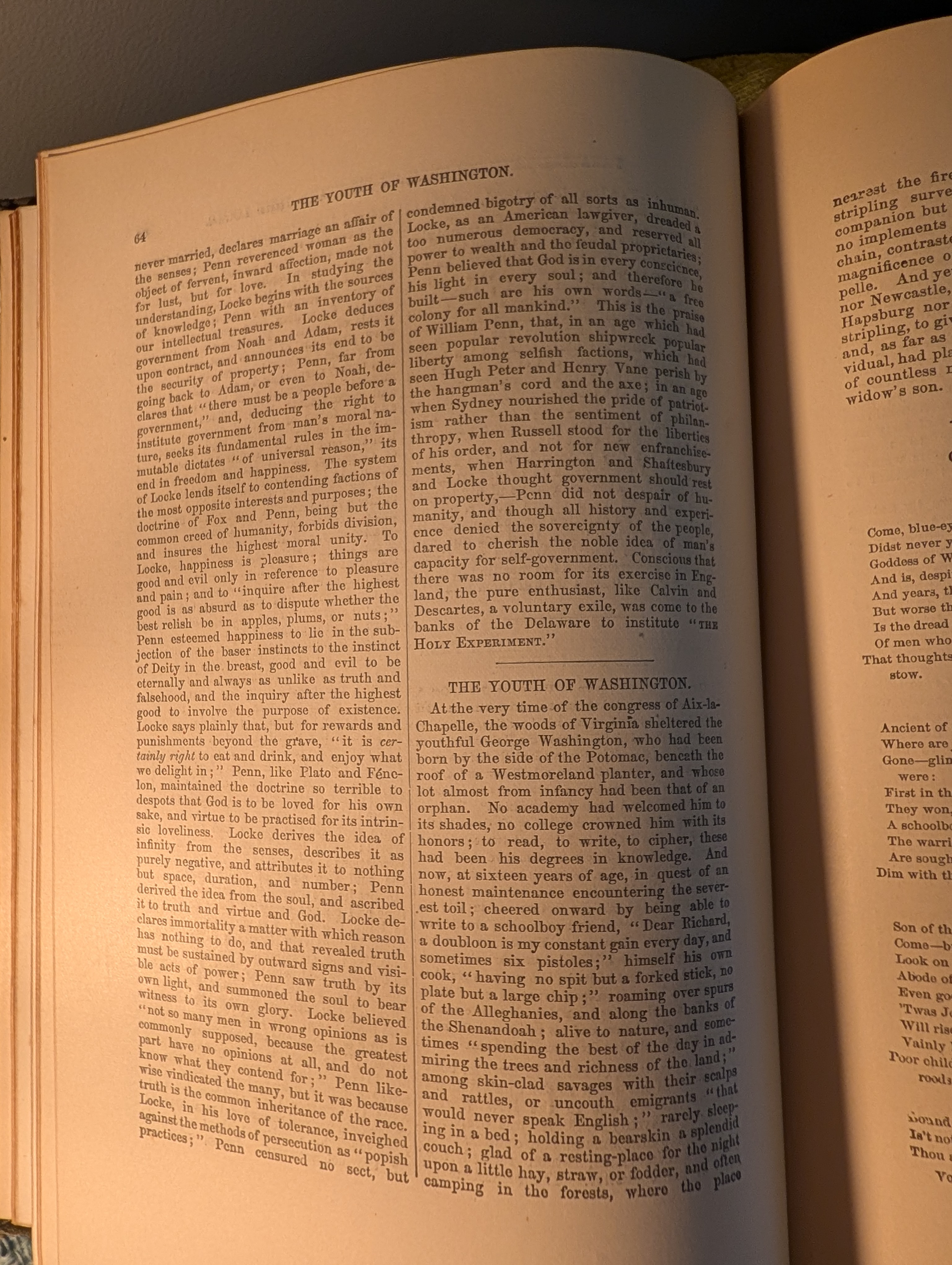 Text page with articles on Penn and Youth of Washington