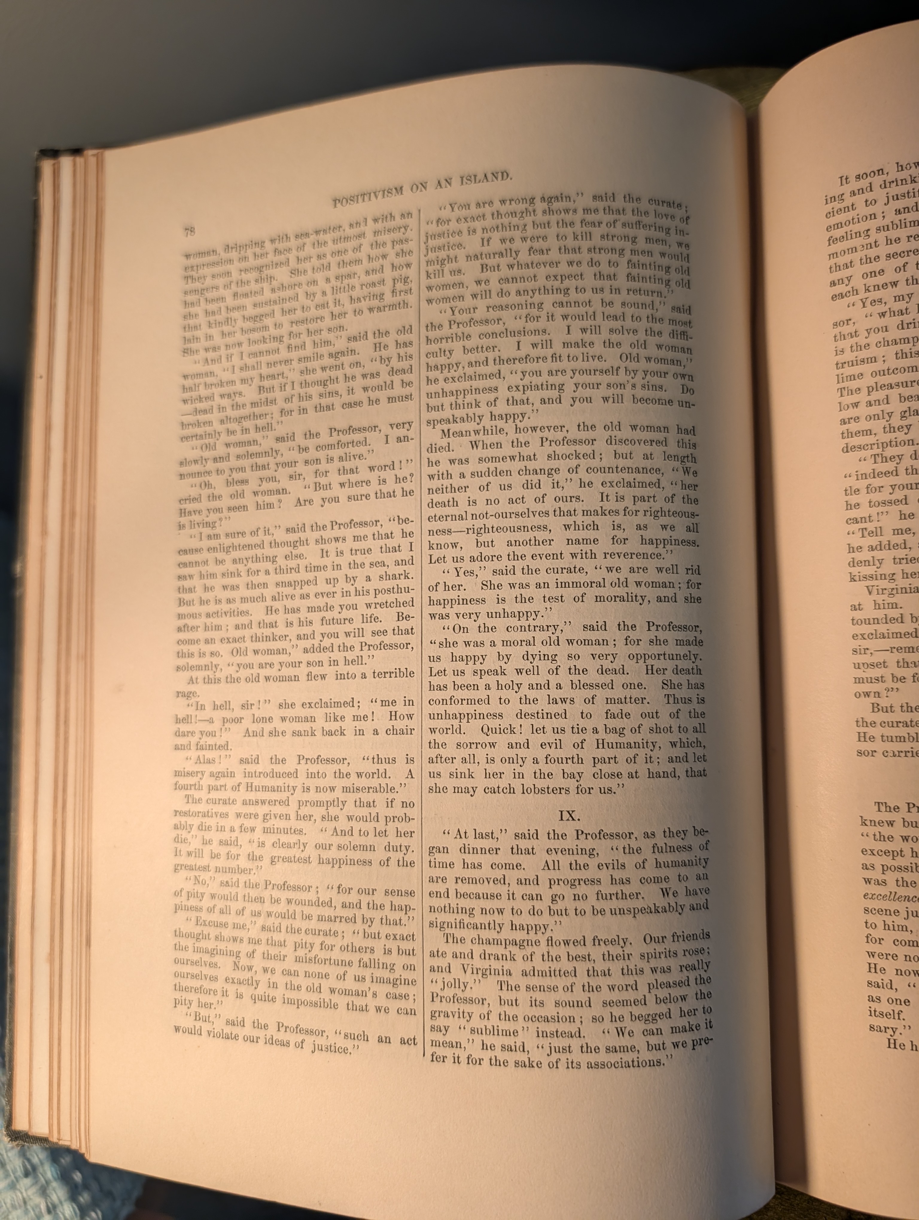 Prose fiction content, 'Positivism on an Island', section IX