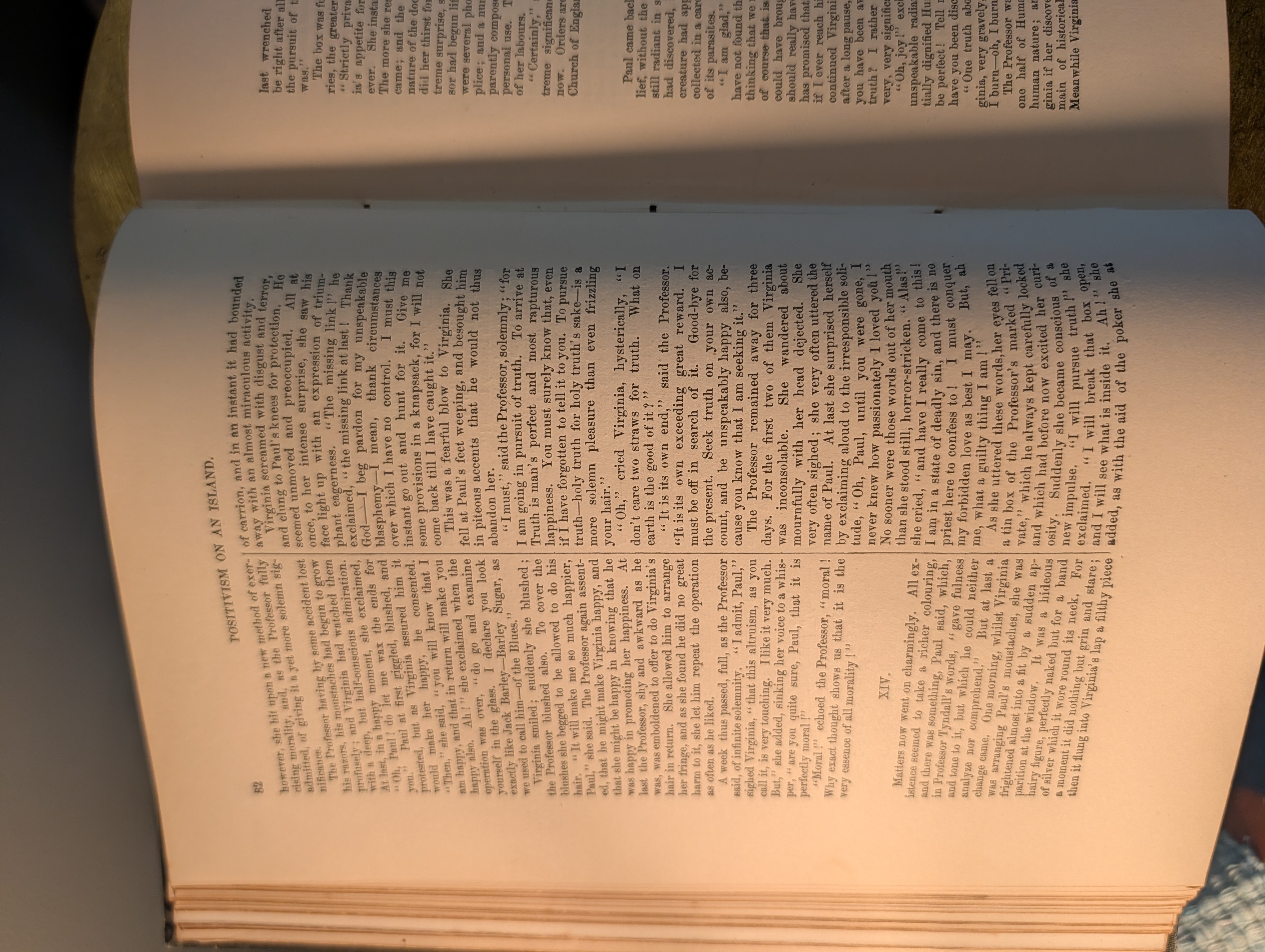 Two-page spread of 'Positivism on an Island' fiction text