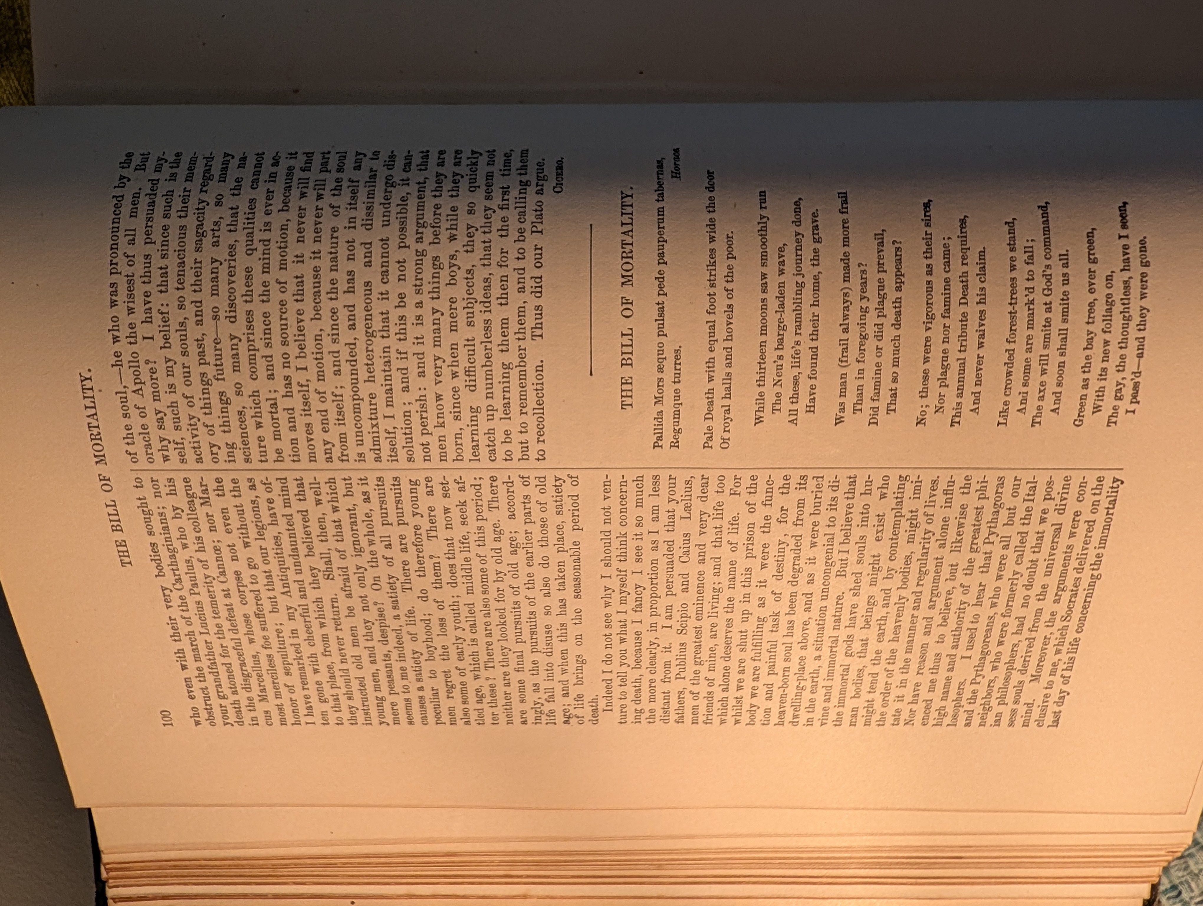 Two columns: prose and poem on mortality